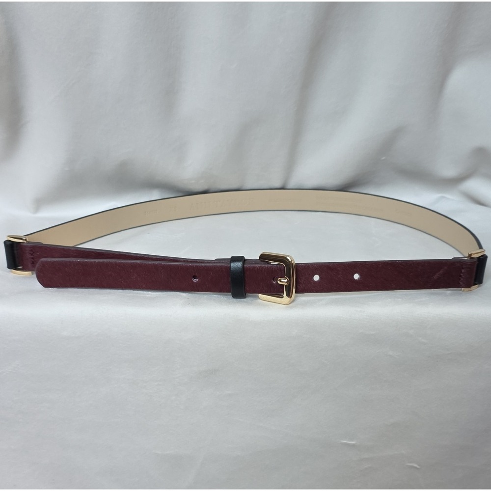 NWT Ann Taylor burgundy calf hair skinny belt. Rich oxblood color, gold buckle